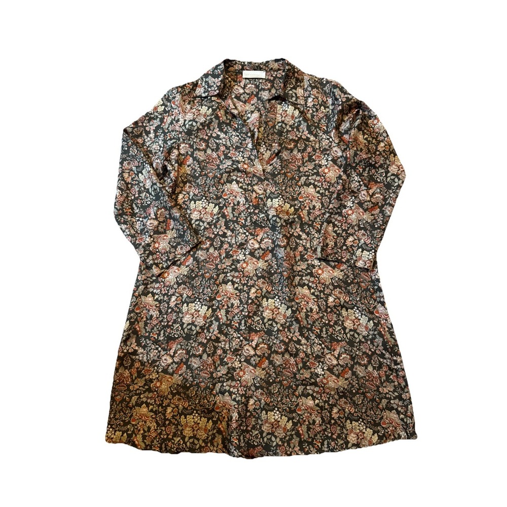 Momoni Seta Silk Floral Shirt Dress Women's IT 40 Olive Green Pink Made in Italy